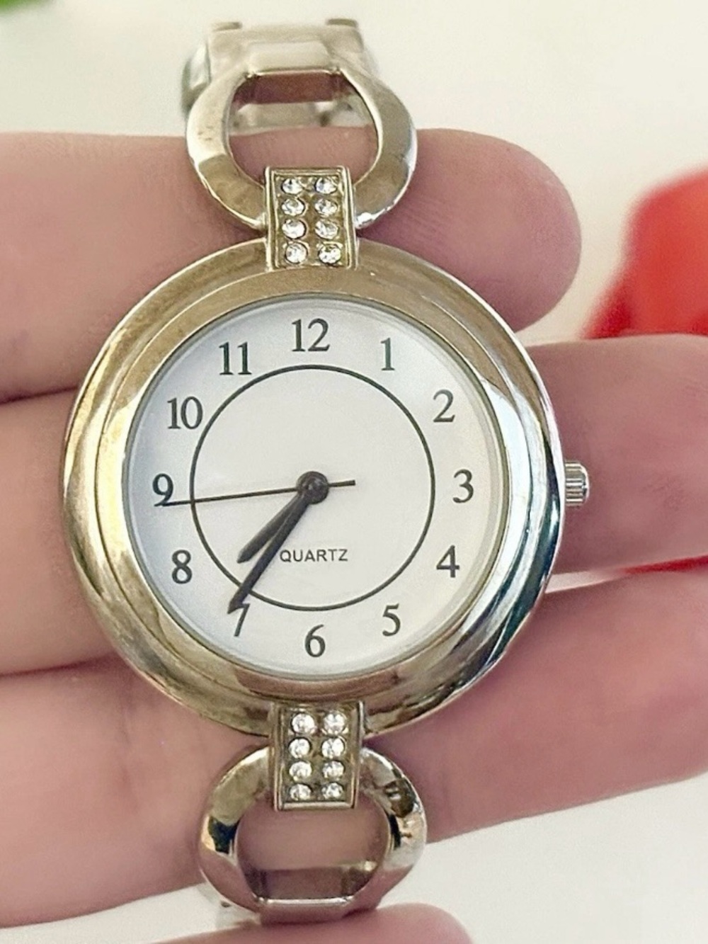 Ladies Sophisticated Silver-Tone Crystal Cuff Watch WORKS!! Clean/Classy Bangle